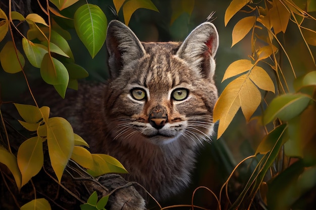 Bobcat in the forest hidden among foliage