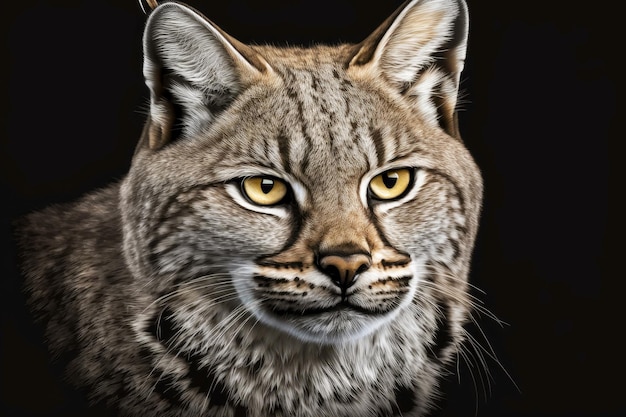 Bobcat head with small ears on black background generative ai