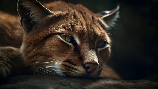 A bobcat is resting on a rock in the dark.