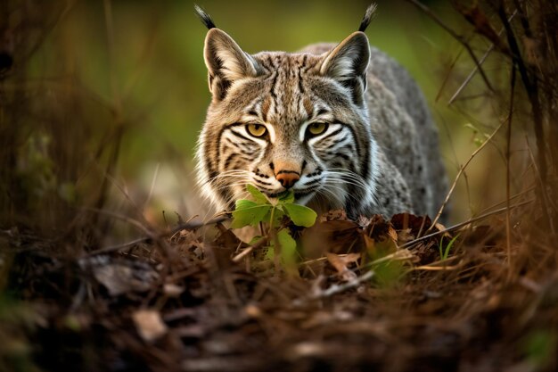 A bobcat is seen in a forest.