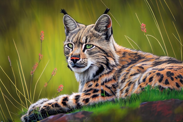 Bobcat lying in grassy meadow