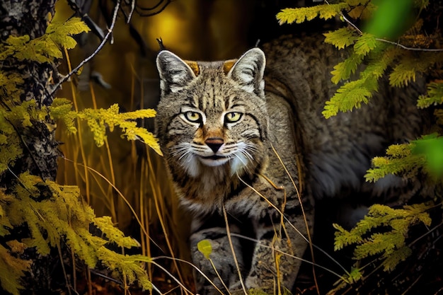 Bobcat stalking through forest eyes fixed on its prey