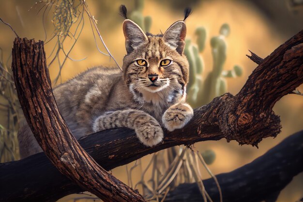 Photo bobcat on tree branch surveying its territory