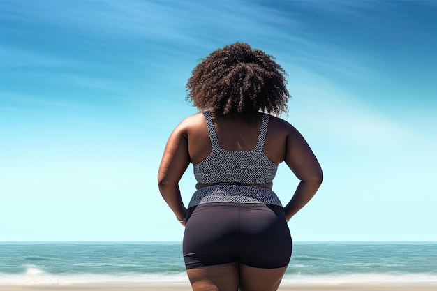 Bochtige Afro-Amerikaanse vrouw die op het strand loopt