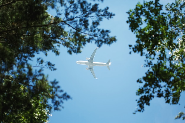 Bodemmening over jet die in de hemel boven vliegen