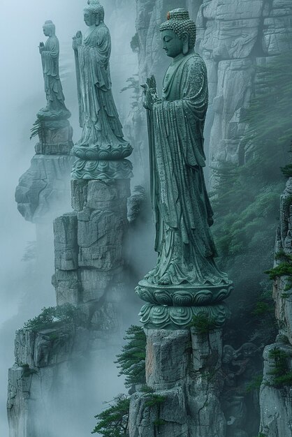 Bodhisattva standbeelden in mistige bergtempels de figuren vervagen in de mist