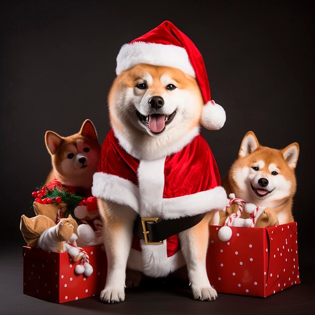 Photo bodishibu inu dog in a santa suit with gifts