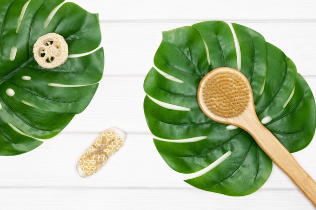 Body brush, loofah, scrubber flat lay. Dry brushing and skin exfoliating concept