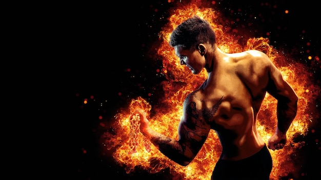 Body builder with fit torso belly chest and arms biceps triceps muscles holding chain while posing over the black background with fire Bodybuilding concept