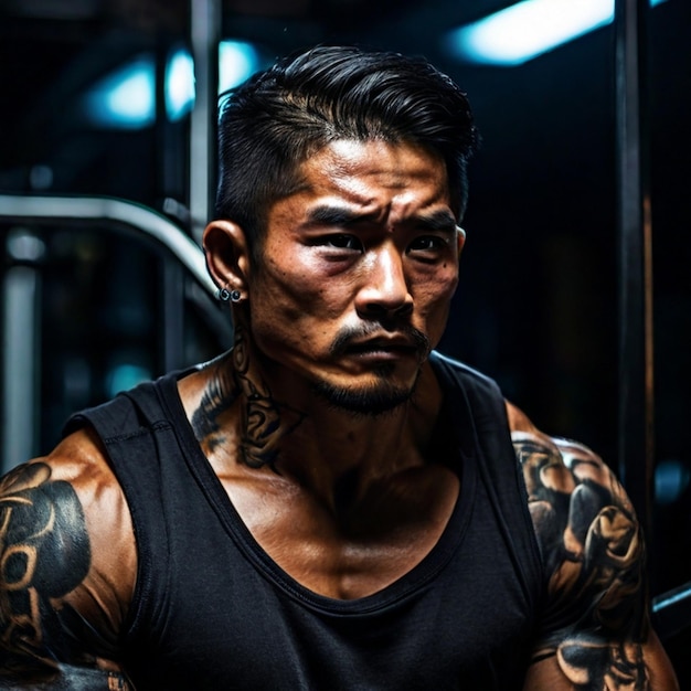 Photo body builder working out in a gym club