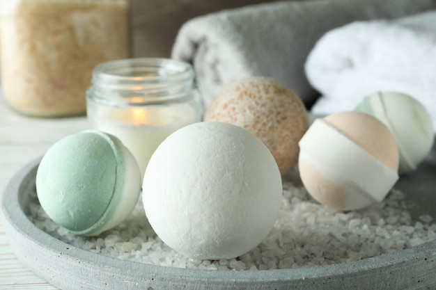 Photo body care concept with bath balls, close up