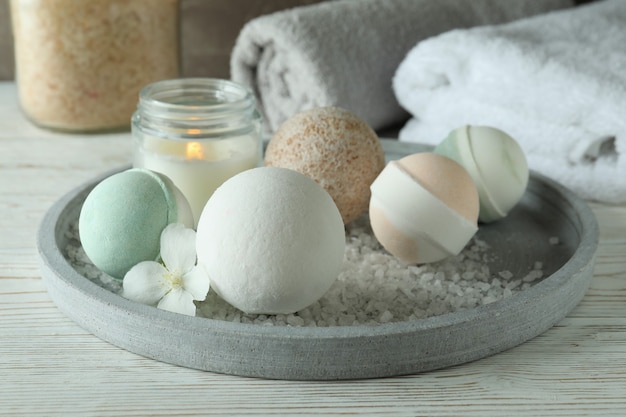 Body care concept with bath balls, close up