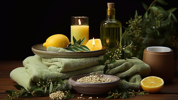 body care Massage oils and towels with candles and flowers and yellow lemon Spa Generative AI