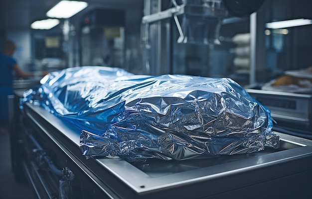 a body covered in a white sheet and resting on a table in a mortuary