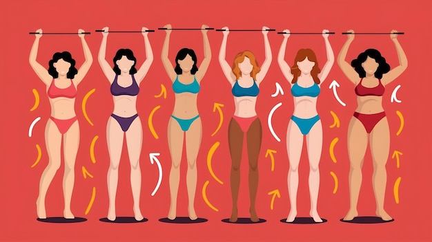 Body lift set of female bodies with lifting up lines and arrows