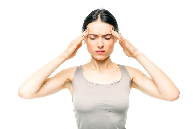 Body pain, painful woman with health problem on white.