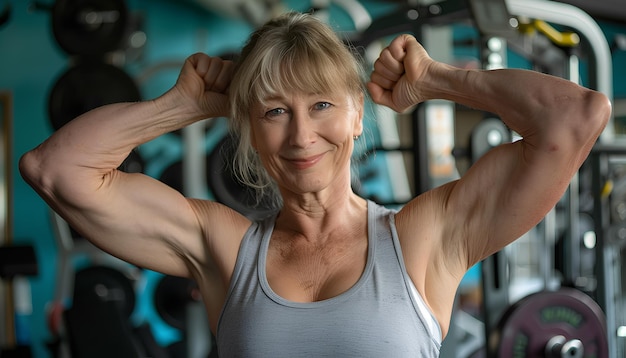 Foto donna matura con un corpo positivo che mostra i muscoli in palestra.