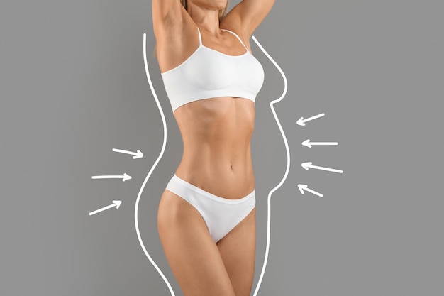 Photo body reshaping woman in underwear with drawn outlines and arrows around figure