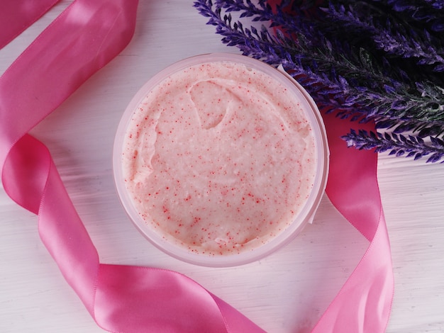 Photo body scrub in a beautiful composition. healthy organic ingredients for homemade face and body scrub
