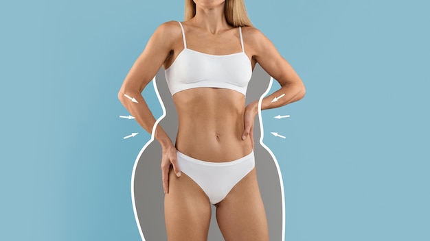 Concetto di modellamento del corpo torso femminile sottile con contorni disegnati attorno ad esso collage