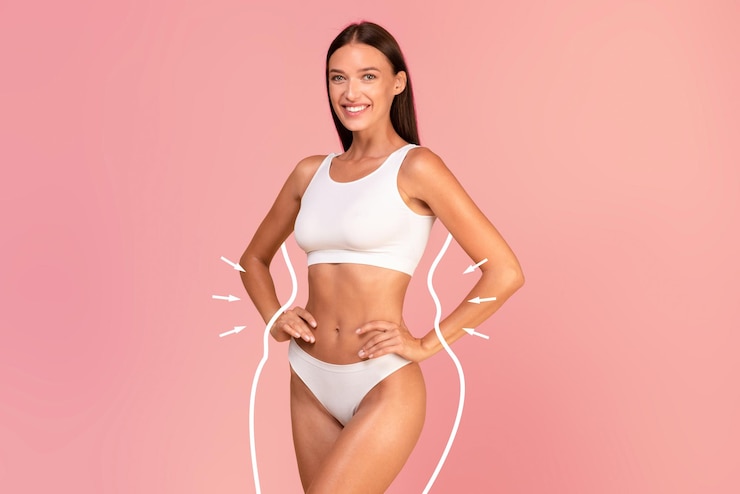 Photo body shaping happy slim lady in underwear with drawn silhouette around figure