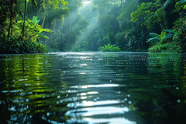 A body of water is surrounded by dense lush green trees in a natural landscape