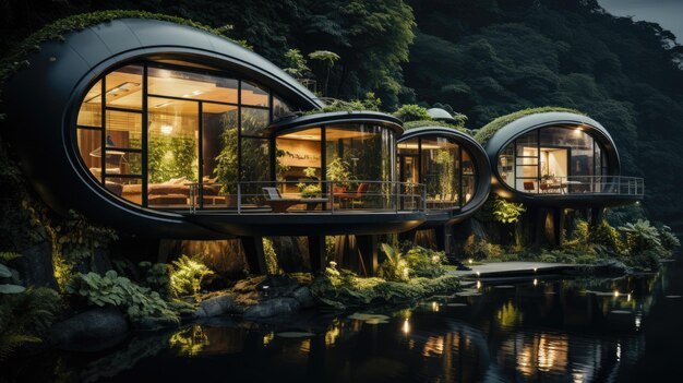 A body of water in the shape of a house, complete with solar panels and batteries, lies in the midst of a lush forest as a metaphor for environmentally friendly home energy storage.