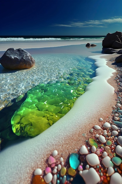 Body of water sitting on top of a sandy beach generative ai