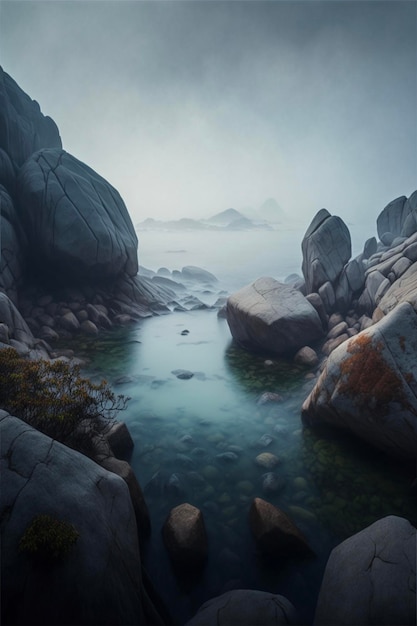 Body of water surrounded by large rocks generative ai