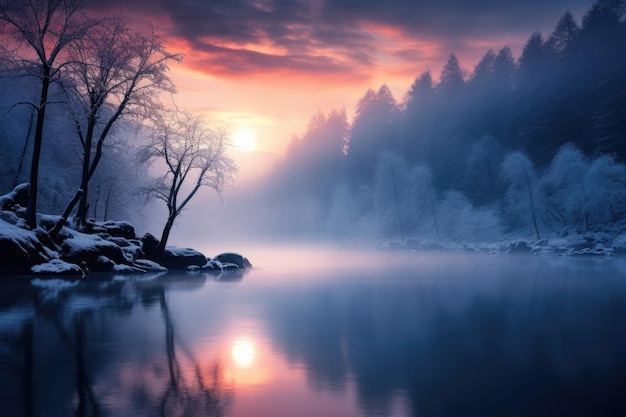 a body of water surrounded by snow covered trees