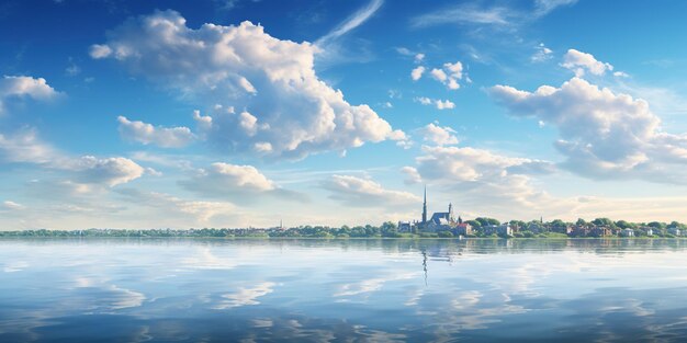 空の背景で遠くのボートと水の体と,遠くの建物のラインと,遠いところの数つの雲