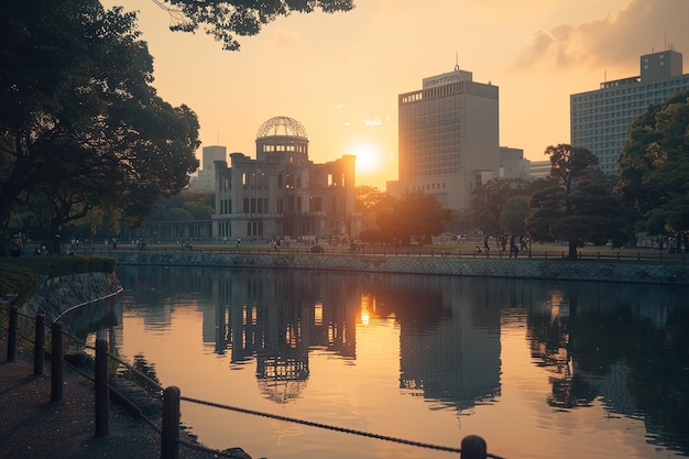 A body of water with a city in the background