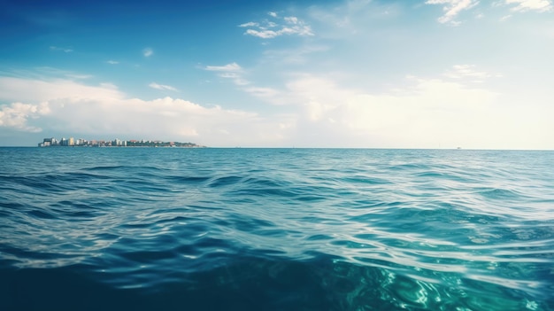 A body of water with a city in the distance