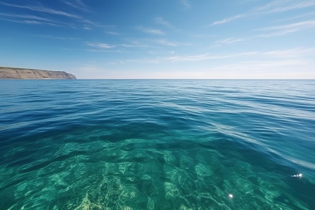 A body of water with a cliff in the distance generative AI