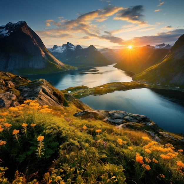 a body of water with mountains around it and a sunset