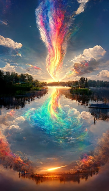 Body of water with a rainbow cloud in the sky generative ai