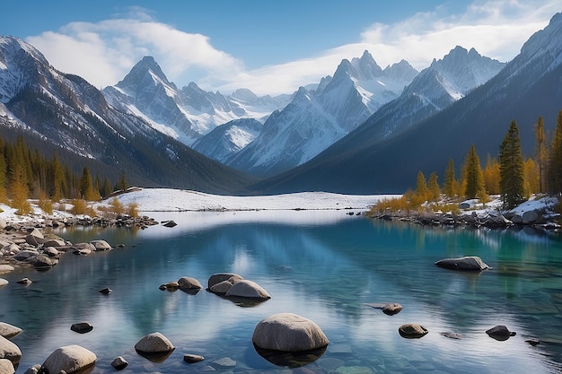 A body of water with snow on rocks and mountains in the background