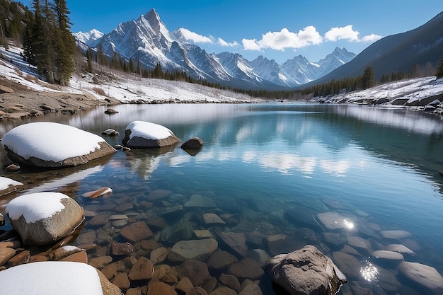 A body of water with snow on rocks and mountains in the background