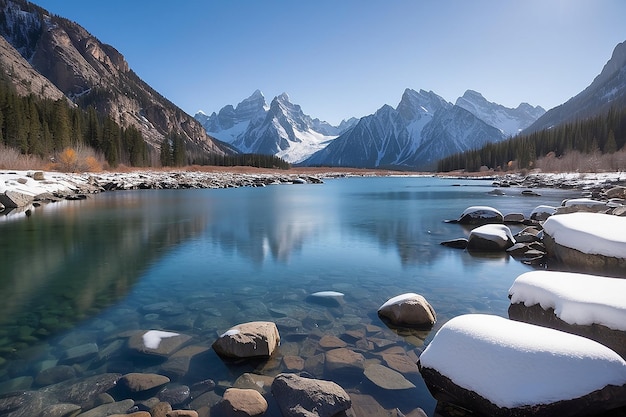 A body of water with snow on rocks and mountains in the background