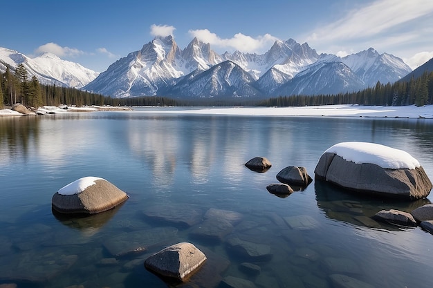 A body of water with snow on rocks and mountains in the background