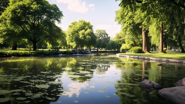 a body of water with trees around it