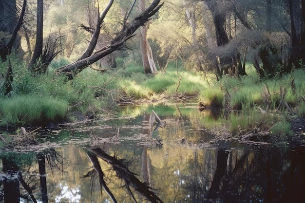 A body of water with trees and a reflection of a tree