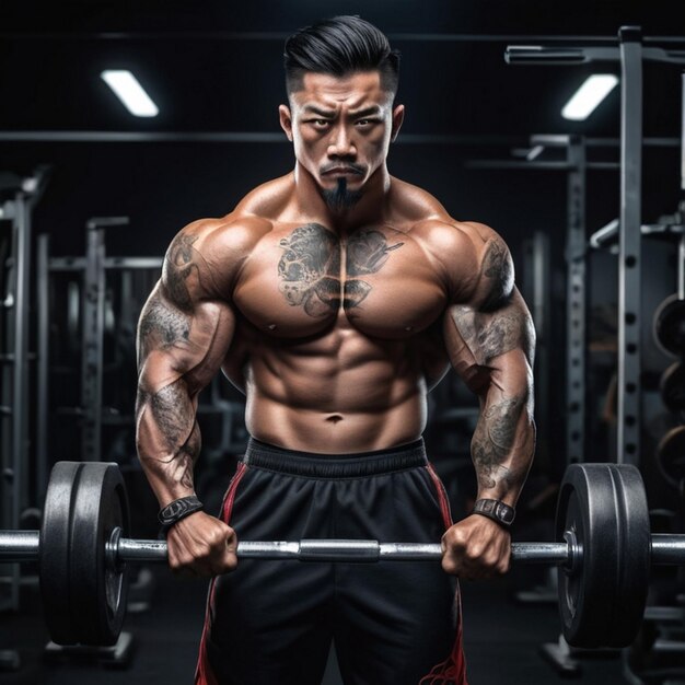 Bodybuilder die traint in een sportschool met tatoeages op zijn lichaam.