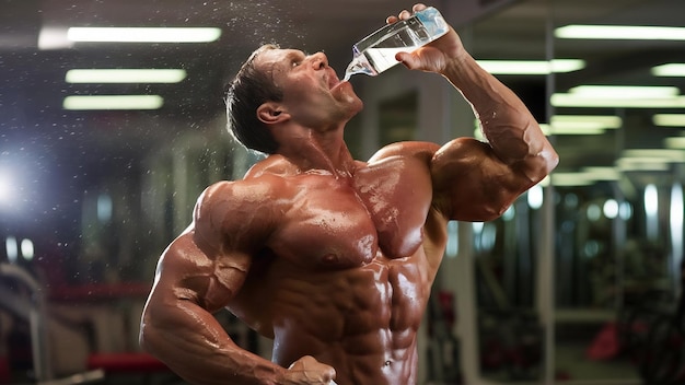 Bodybuilder drinking water after fitness workout
