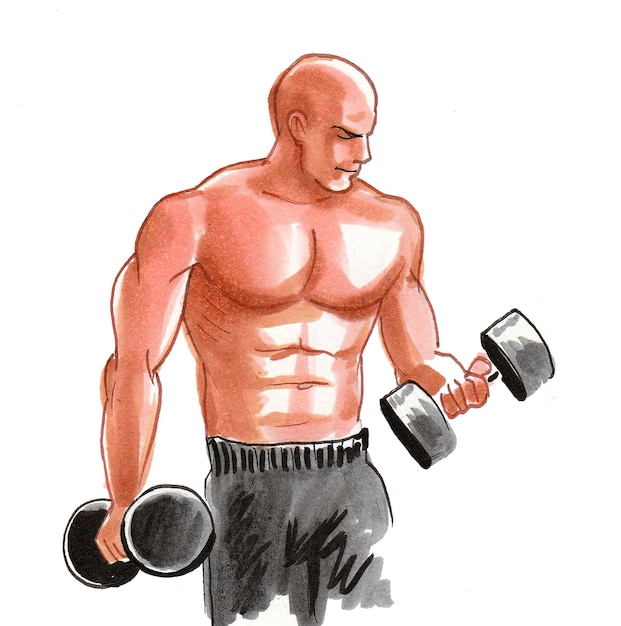 Bodybuilder lifting dumbbells. Ink black and white drawing