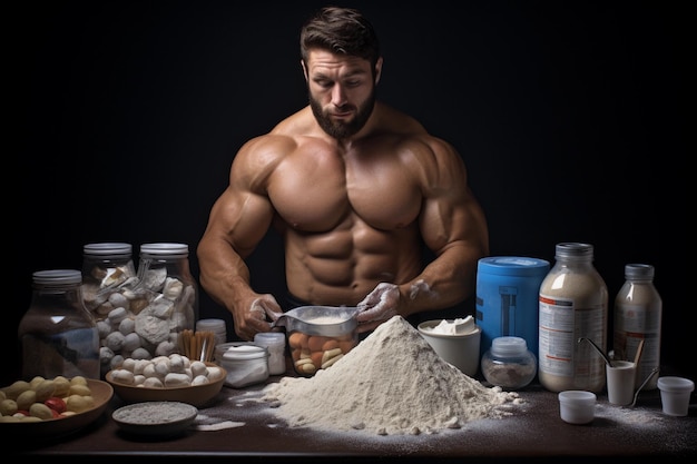 Bodybuilder and a lot of nutrition