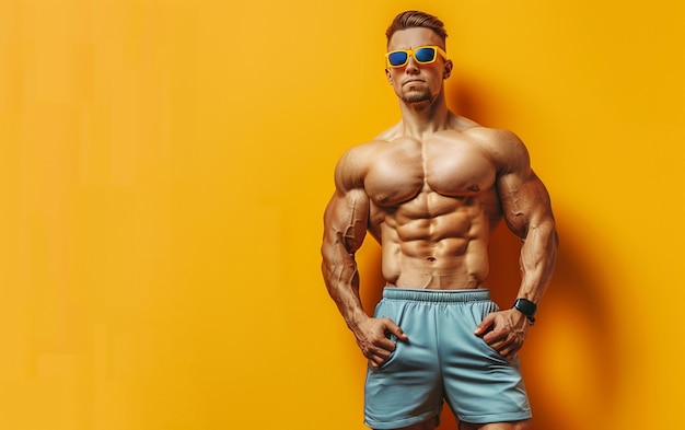 bodybuilder man op vaste achtergrond kleur gym of gezondheid concept ruimte voor tekst