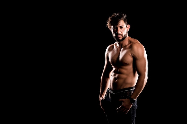 Bodybuilder Posing, Sporty Guy Male Power, Fitness Muscled Man, Spot Concept Copy Space, Dark Background