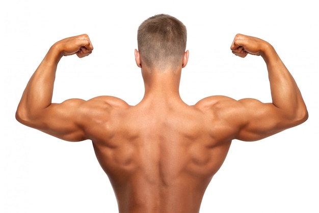 Photo bodybuilder shows his biceps on a white background