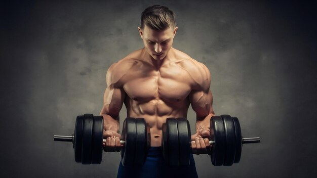 Bodybuilder training with heavy dumbbell